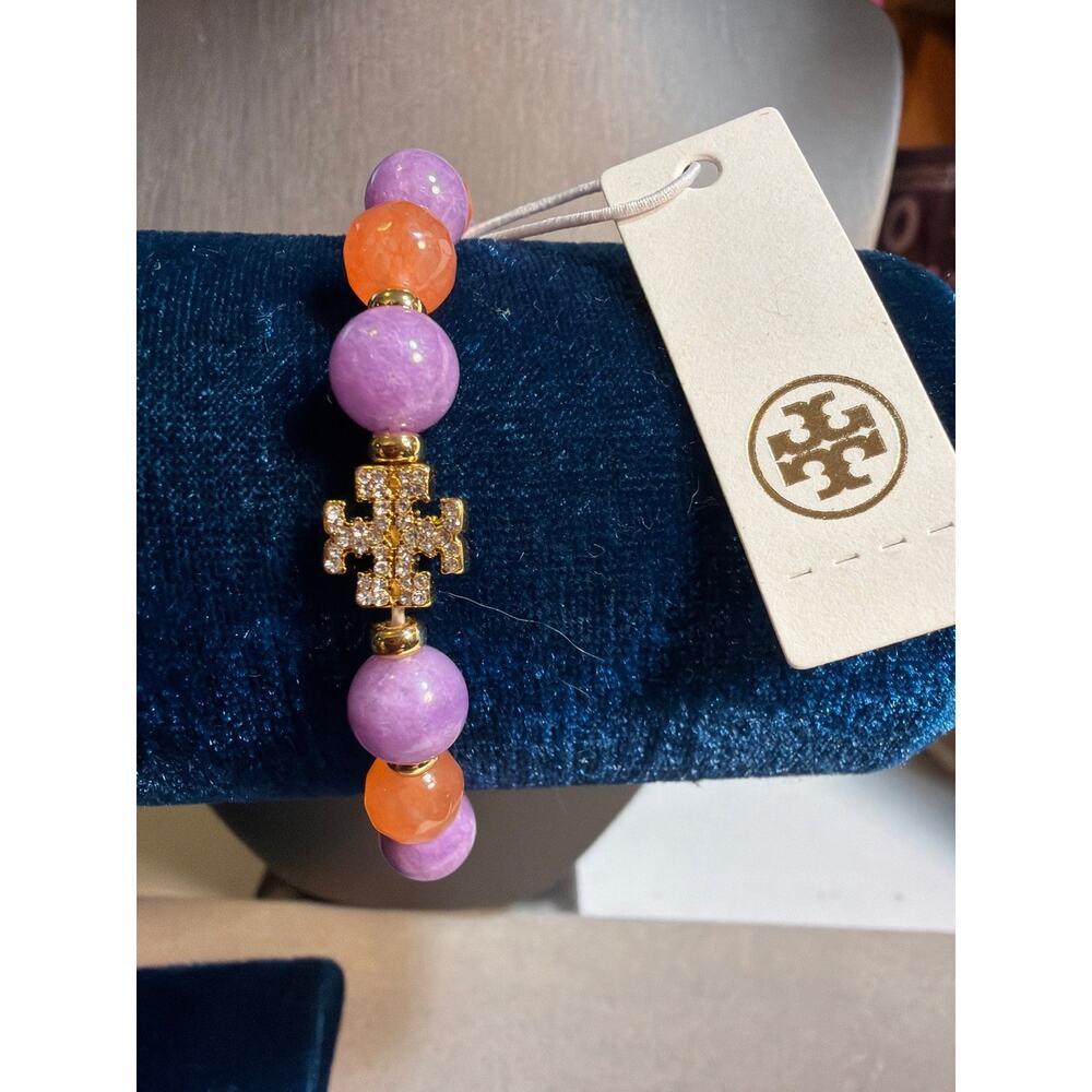 Tory Burch Gold Logo Beaded Stretch Bracelet Purple Orange 16–19cm RARE New